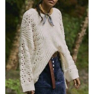 Anthropologie Pilcro Chunky Sweater Womens Med White Devenne Pointelle Knitted